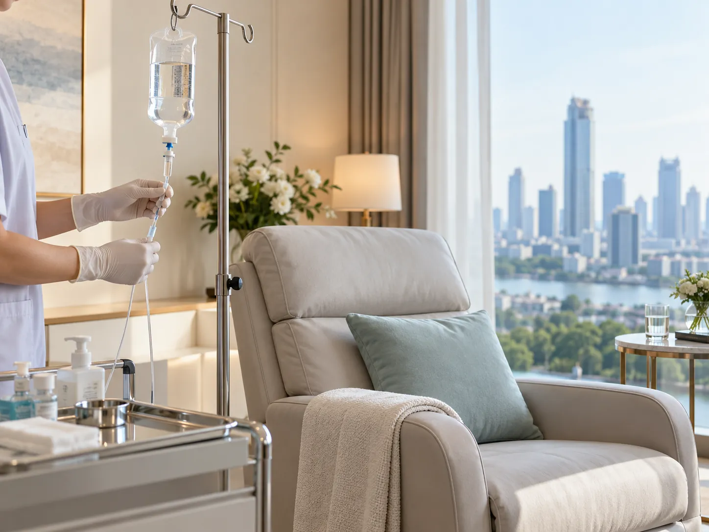 IV drip set up beside an armchair in a hotel room overlooking the Bangkok skyline